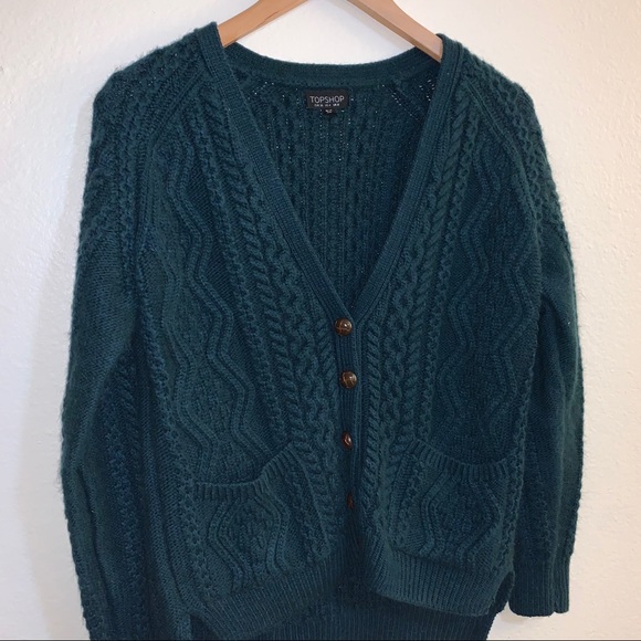 Topshop Green Cable Knit Button Up Cardigan V-Neck Sweater - Picture 5 of 9